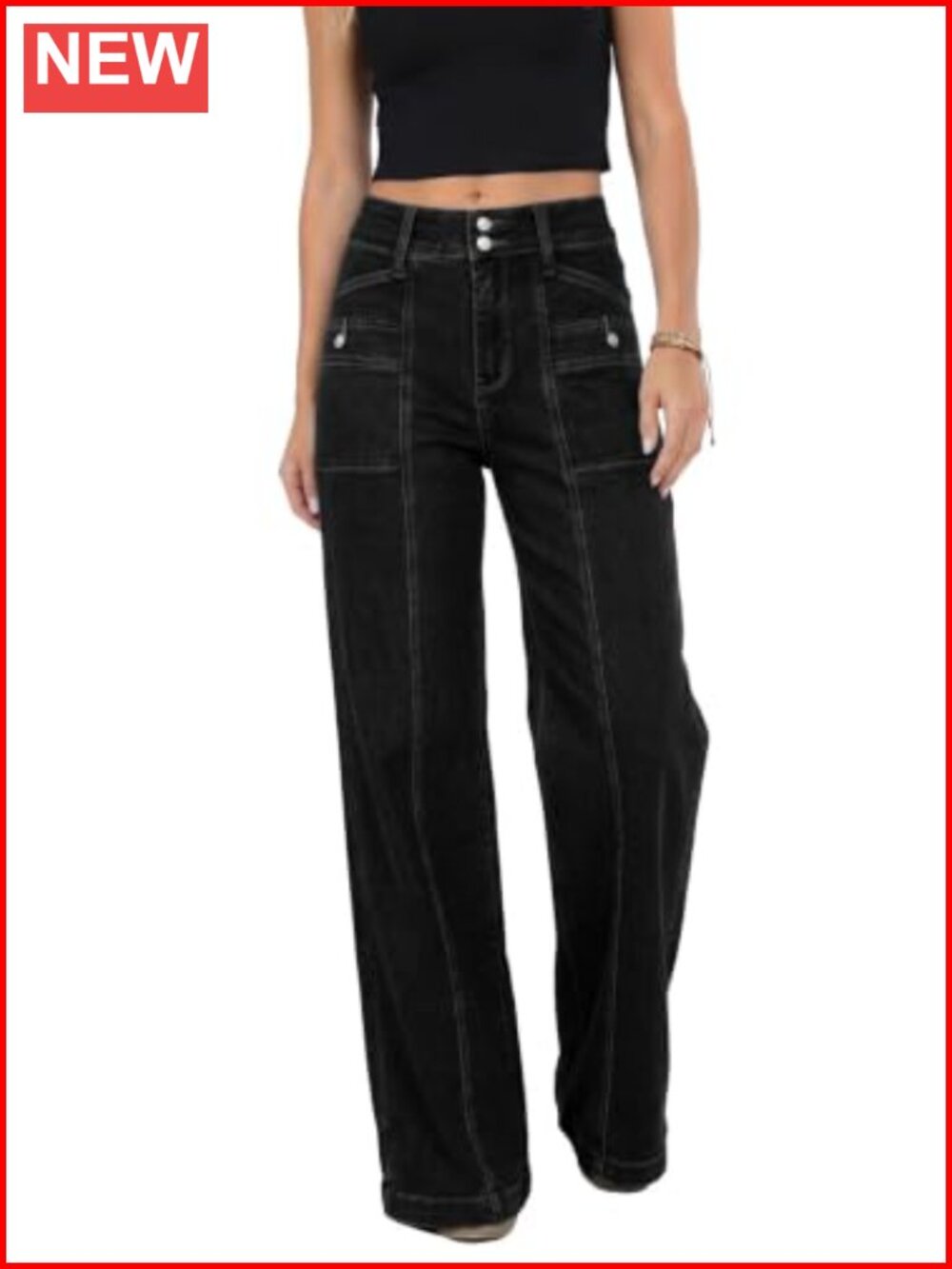 Women's Wide Leg High Waisted Jeans Double Button Stretchy Denim Pants